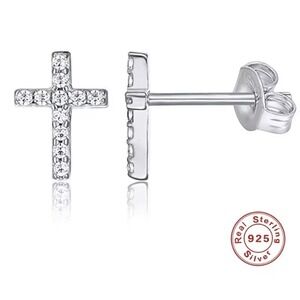 925 Silver Cross Earrings 14k Gold Overlay Cubic Zirconia Studs‎ Religious